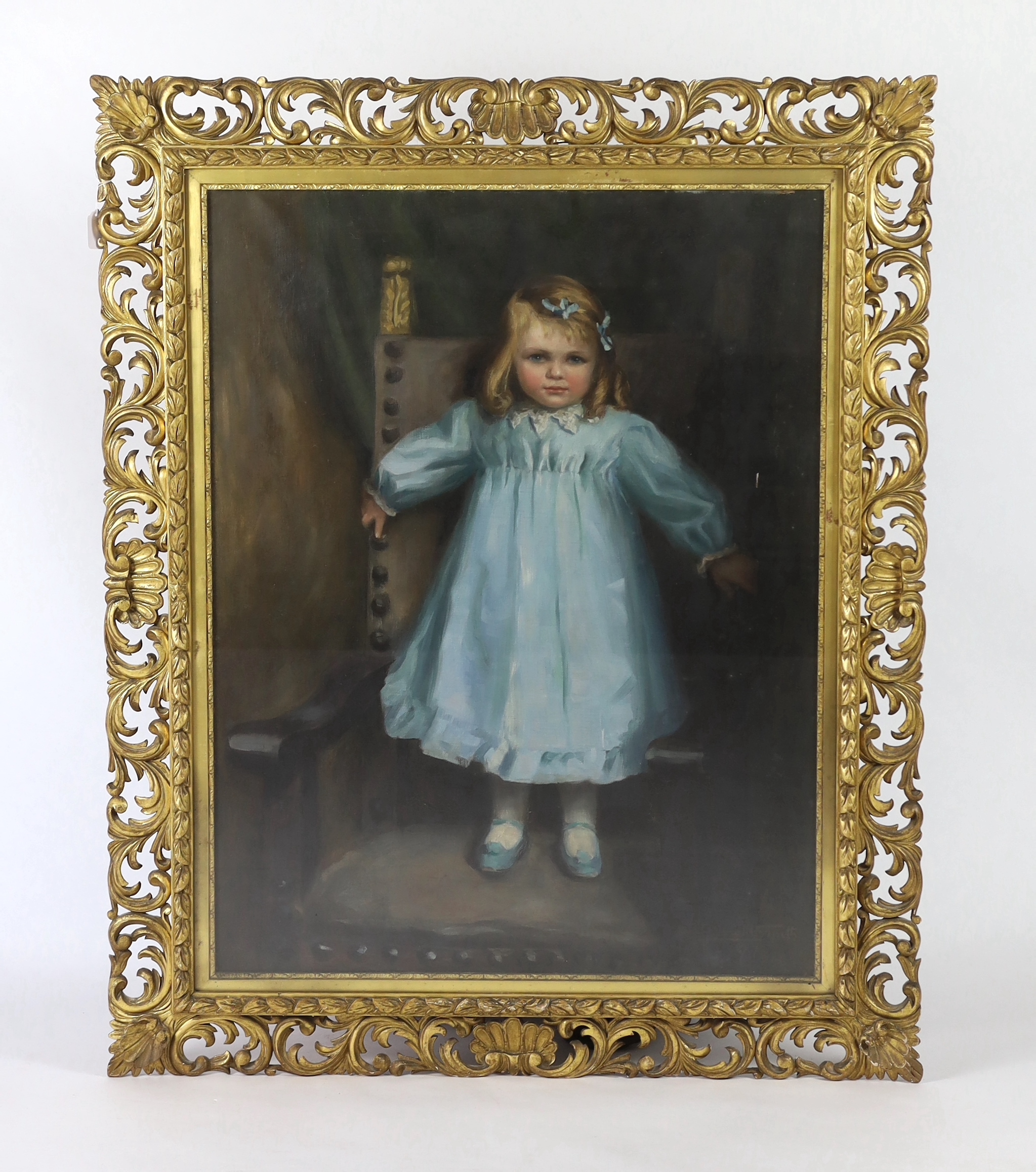 Helen Donald-Smith (1880-1930), oil on canvas, Portrait of a girl wearing a blue dress standing upon an armchair, signed and dated '91, 110 x 85cm